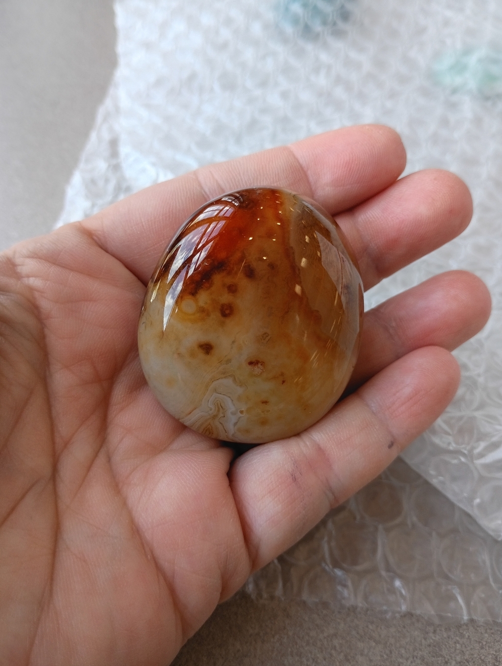 Polished Carnelian/Agate Palm Stone - Warm Brown and Cream